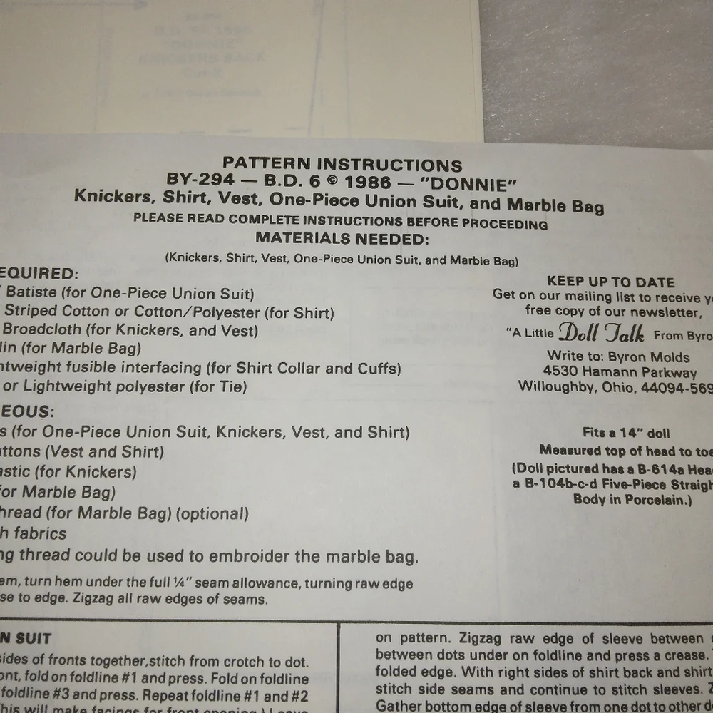 Byron Doll, Donnie clothing Pattern, new uncut, fits 14